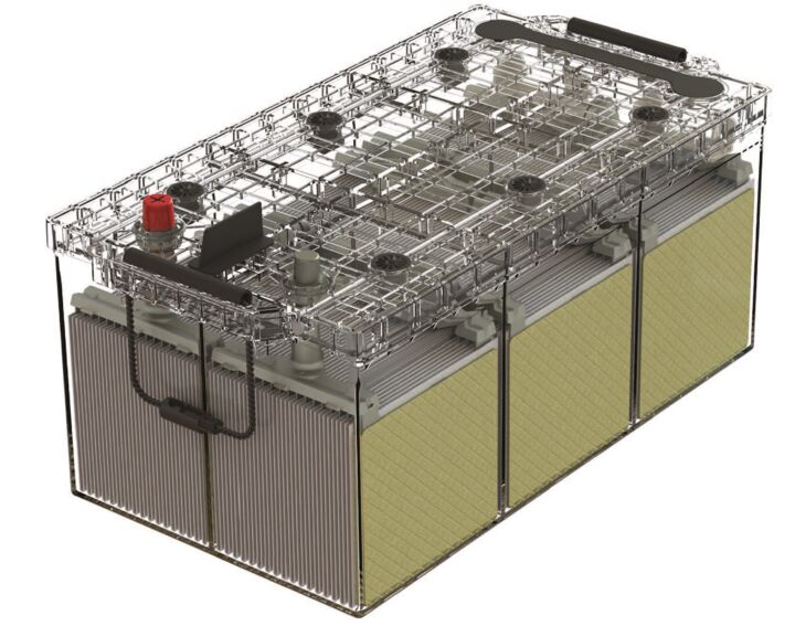 Neuartige AGM-Batterie ‚ Pro Motive AGM‘ für Nutzfahrzeuge. Im Gegensatz zur Nass- oder Gel-Batterie ist der Elektrolyt in Glasmatten gebunden.